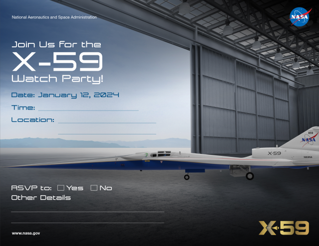 X-59 Watch Party Invitation, showing an artist illustration of the X-59 coming out of a hangar.