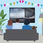 Vector graphic showing people watching the X-59 roll-out on a large screen TV.