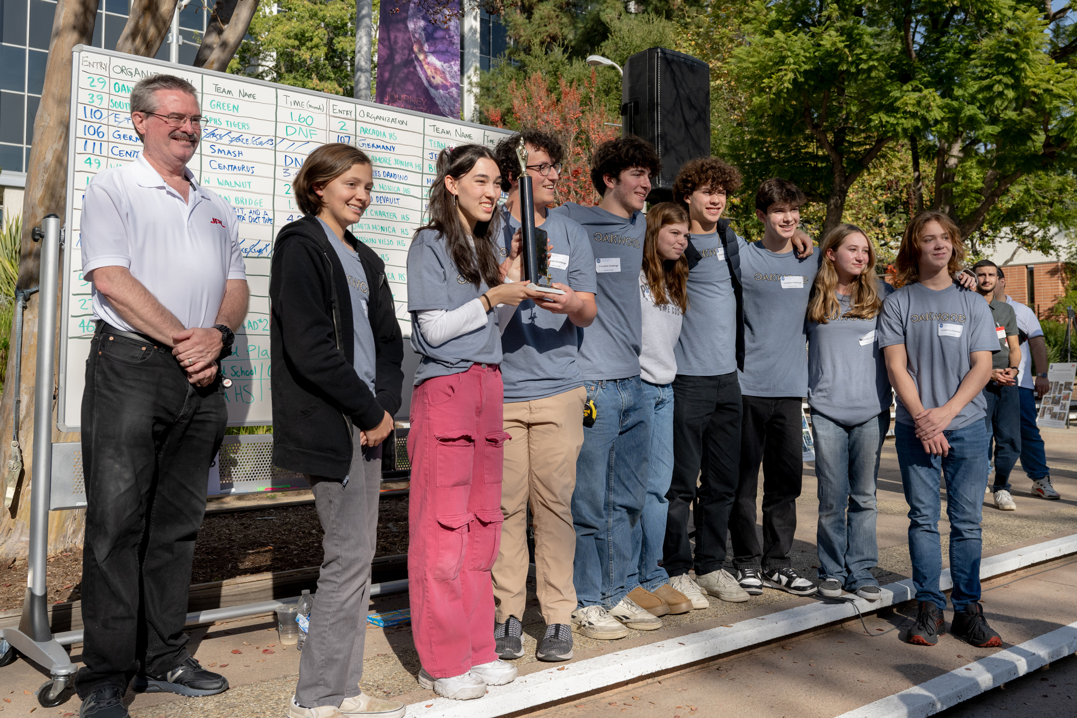 Oakwood School’s Team Pink won first place in the Invention Challenge at NASA’s Jet Propulsion Laboratory. Paul MacNeal (left) has run the competition since 1998.
