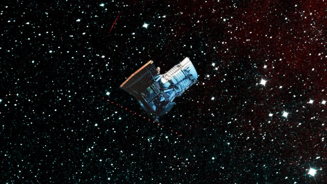 NEOWISE is depicted in an artist’s concept in front of an image of the infrared sky captured by the mission showing asteroid Holda (the string of red dots moving across the sky). Holda was the first near-Earth object the mission detected shortly after the space telescope was reactivated in 2013.