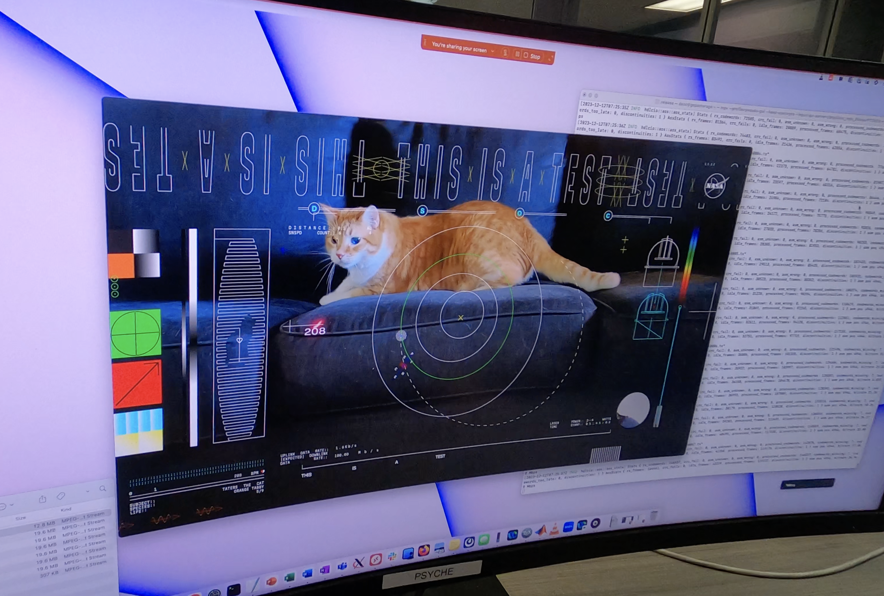 A computer screen in the mission support area shows Taters the cat in a still from the first high-definition streaming video to be sent via laser from deep space, as well as the incoming data stream delivering the frames from the video.