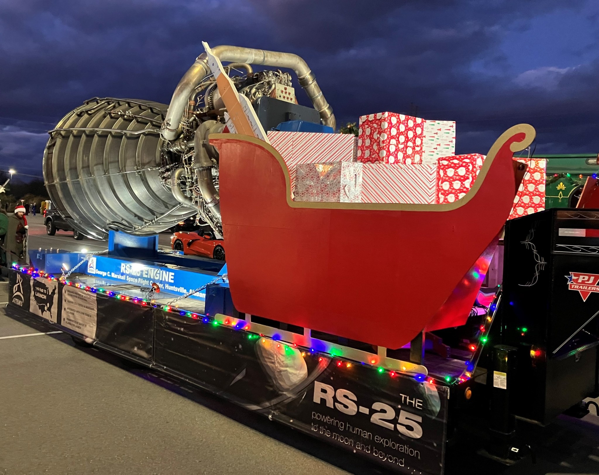 A Santa Claus sleigh, powered by an RS-25 rocket engine, makes its way through the 9th annual Huntsville Christmas Parade on Dec. 5. The float was designed by team members from NASA’s Marshall Space Flight Center.