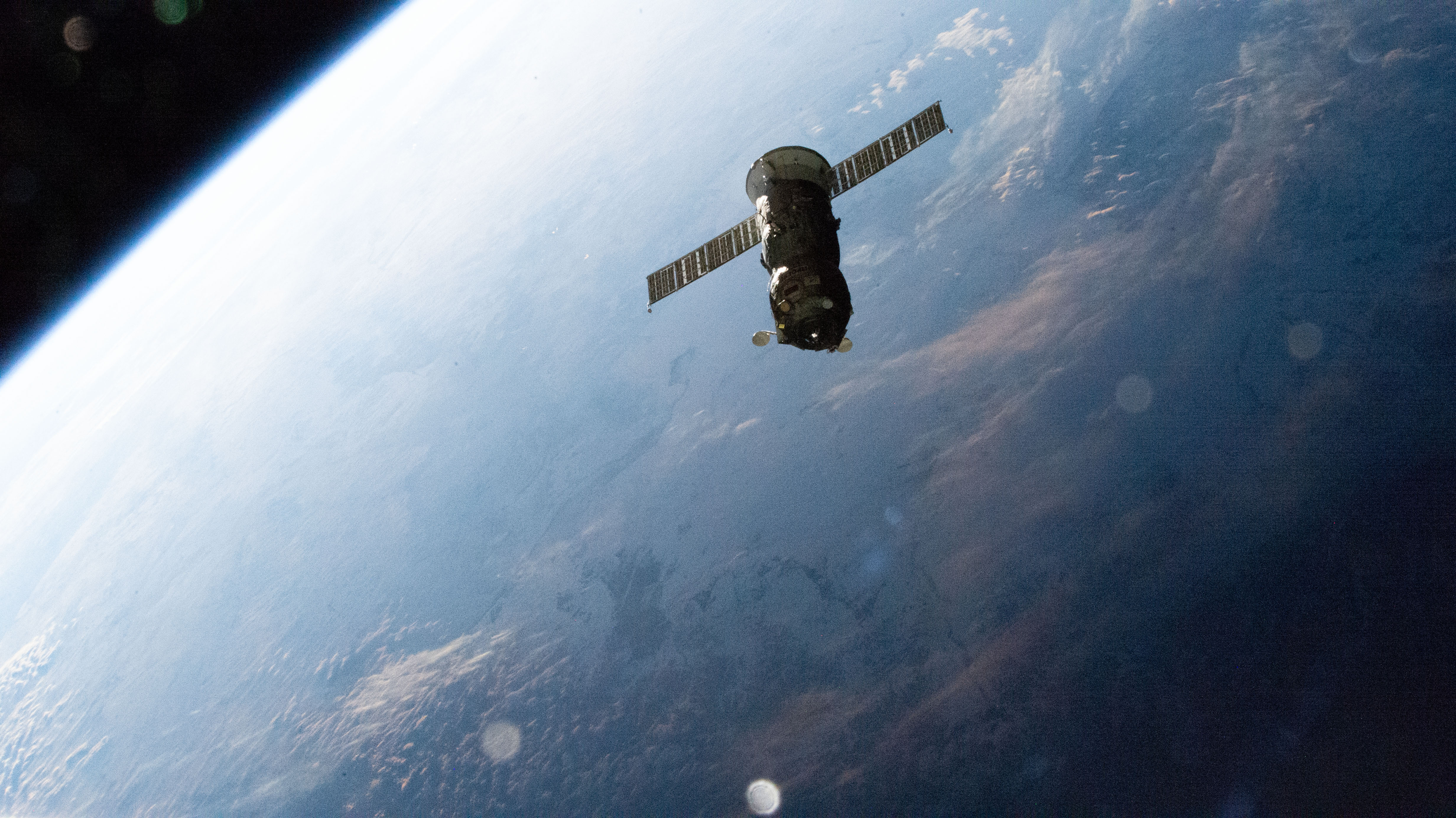 iss070e033056 (Nov. 29, 2023) -- The Progress 84 cargo craft is pictured shortly after undocking from the International Space Station's Poisk Module at 2:55 a.m. EST November 29, 2023.