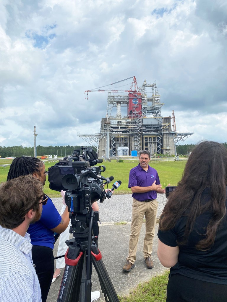 NASA Stennis Thad Cochran (B-2) Test Stand Director Ryan Roberts speaking with news representatives during Media Day activities at NASA Stennis