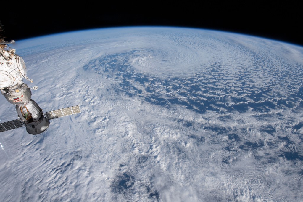 A storm in the southeast Pacific Ocean is pictured from the International Space Station as it orbited 268 miles above the central coast of Chile.