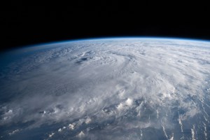 A storm is pictured in the Atlantic Ocean from the International Space Station as it orbited 260 miles above and off the coast of Guyana on the South American continent.