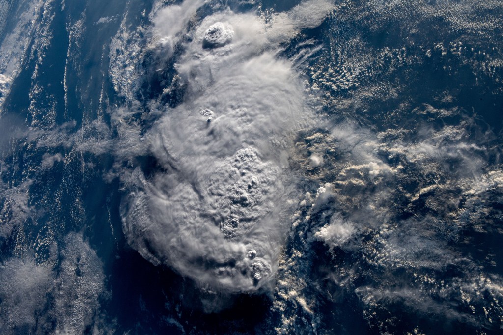 A storm is seen in the Indian Ocean from the International Space Station as it orbited 259 miles above nearing the coast of the Indonesian island of Sumatra.