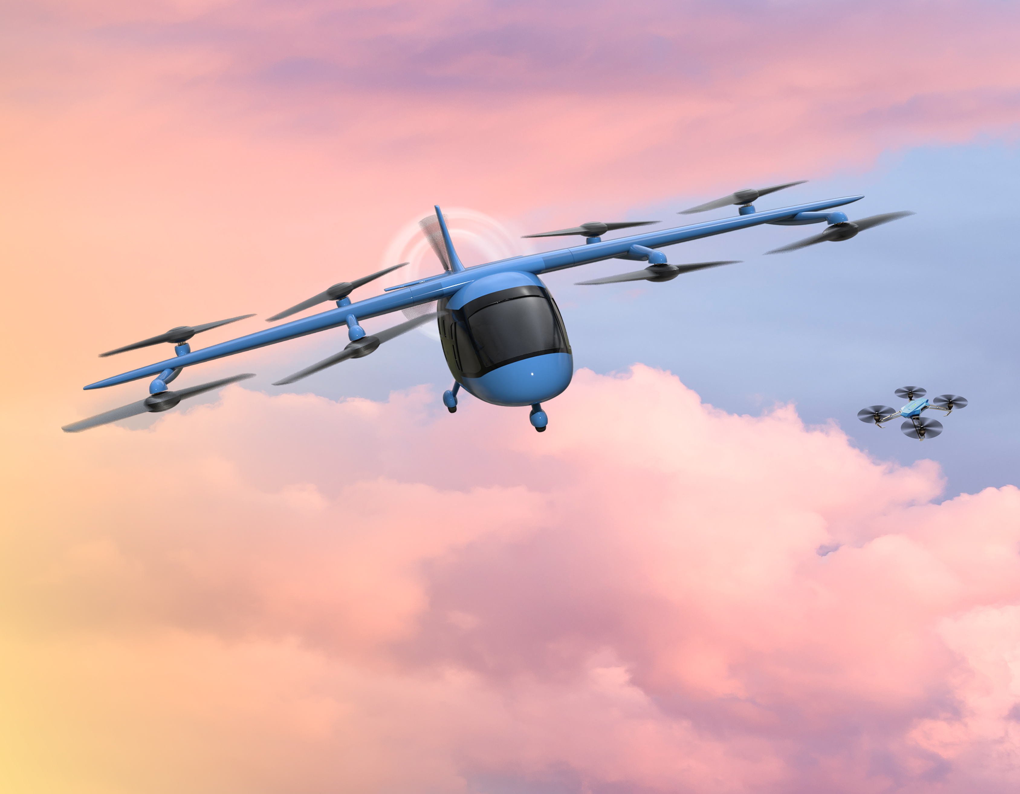 Artist concept of unmanned eVTOl and drone in flight against a pink sky.
