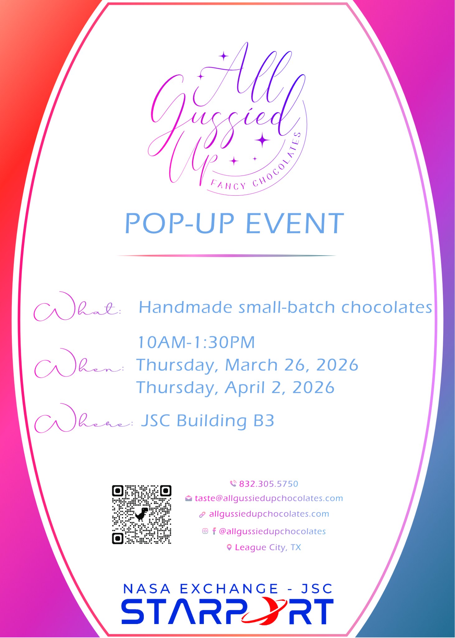 A flyer for All Gussied Up Chocolates - a pop up vendor at JSC B3 on March 26 and Ap
