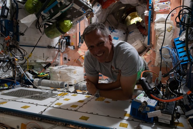 NASA astronaut and Expedition 67 Flight Engineer Bob Hines is pictured during maintenance activities inside the International Space Station's Unity module.