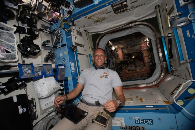 NASA astronaut and Expedition 67 Flight Engineer Bob Hines familiarizes himself with systems and procedures aboard the International Space Station having been aboard the orbiting lab for just a few days.