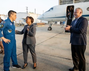 NASA astronaut Frank Rubio is greeted by Johnson Space Center Director Vanessa Wyche following his arrival at Ellington Field in Houston, Texas, aboard a NASA jet. Rubio had just completed a 371-day mission aboard the International Space Station the day before.