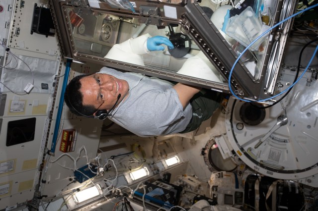 NASA astronaut and Expedition 69 Flight Engineer Frank Rubio works in the Kibo laboratory module's Life Sciences Glovebox servicing stem cell samples for the StemCellEX-H Pathfinder study. The biotechnology investigation seeks to improve therapies for blood diseases and cancers such as leukemia.