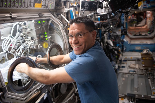 NASA astronaut and Expedition 69 Flight Engineer Frank Rubio works in the Microgravity Science Glovebox swapping graphene aerogel samples for a space manufacturing study. The physics investigation seeks to produce a superior, uniform material structure benefitting power storage, environmental protection, and chemical sensing.