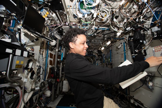 NASA astronaut and Expedition 67 Flight Engineer Jessica Watkins familiarizes herself with systems and procedures aboard the International Space Station having been aboard the orbiting lab for just a few days.