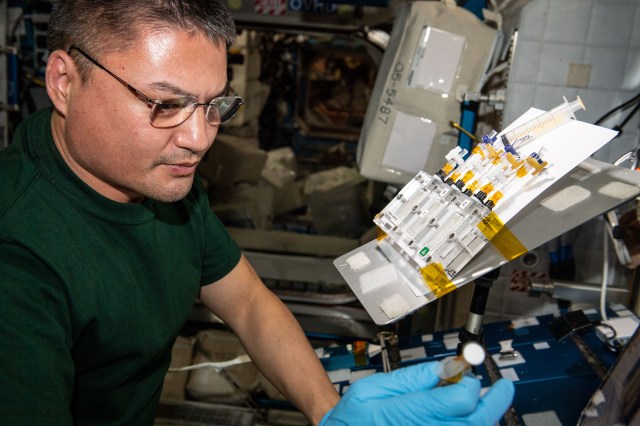 NASA astronaut Kjell Lindgren is seen performing Forward Osmosis Membrane operations. Assessing the Performance of Urease-phospholipid Reactive Forward Osmosis Membranes for Water Reclamation Aboard the ISS (Forward Osmosis Membrane) tests reactive membranes for water reclamation in microgravity as compared to 1g on Earth.
