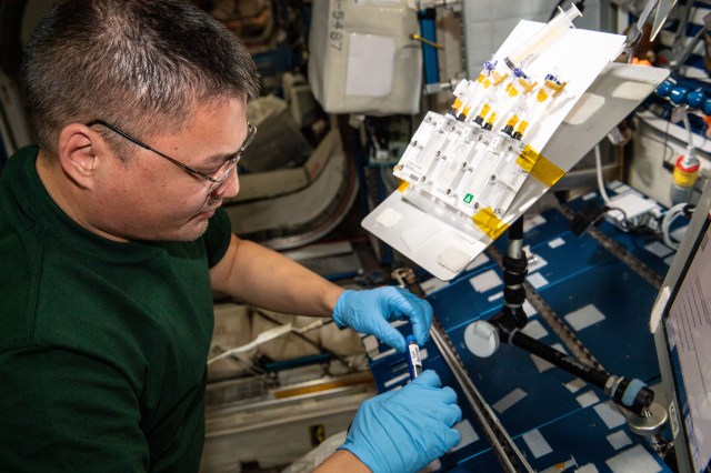 NASA astronaut Kjell Lindgren is seen performing Forward Osmosis Membrane operations. Assessing the Performance of Urease-phospholipid Reactive Forward Osmosis Membranes for Water Reclamation Aboard the ISS (Forward Osmosis Membrane) tests reactive membranes for water reclamation in microgravity as compared to 1g on Earth.
