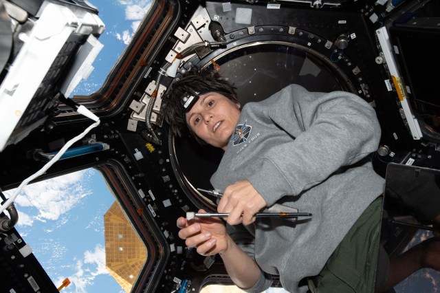 ESA (European Space Agency) astronaut and Expedition 67 Flight Engineer Samantha Cristoforetti installs acrylic scratch panes on two windows inside the seven-windowed cupola, the International Space Station's "window to the world." The orbiting lab was flying 271 miles above the Pacific Ocean off the coast of New Zealand at the time of this photograph.