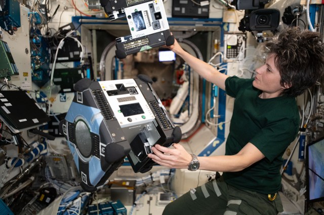 ESA (European Space Agency) astronaut and Expedition 67 Flight Engineer Samantha Cristoforetti monitors a pair of Astrobee robotic free-flyers performing autonomous maneuvers inside the International Space Station. The cube-shaped, toaster-sized robots are designed to help scientists and engineers develop and test technologies for use in microgravity to assist astronauts with routine chores, and give ground controllers additional eyes and ears on the space station.
