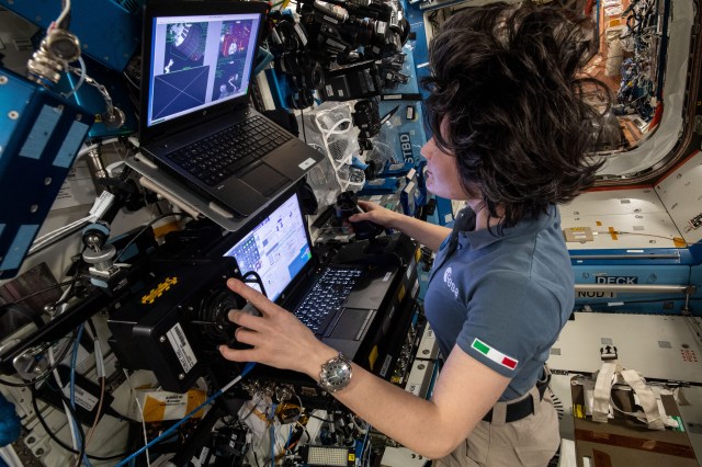 ESA (European Space Agency) astronaut and Expedition 67 Flight Engineer Samantha Cristoforetti participates in a cognition test and practices on a computer the simulated robotic capture of cargo craft. The test is part of the Behavioral Core Measures investigation that seeks to measure a crew member’s ability to perform robotic activities in microgravity conditions possibly informing future spacecraft and space habitat designs.