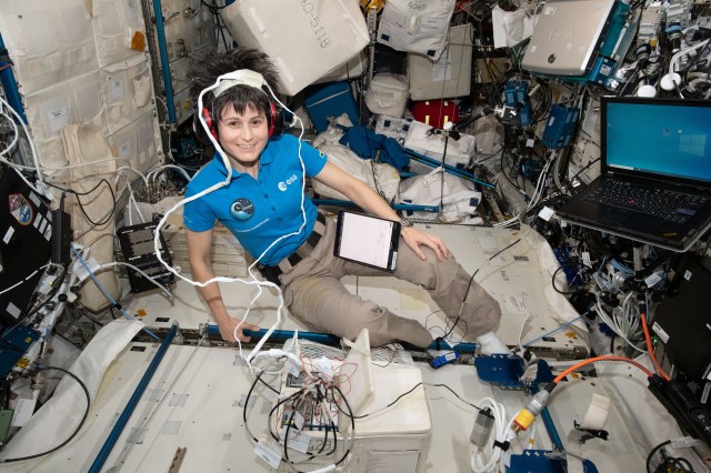 Expedition 67 Flight Engineer and ESA (European Space Agency) astronaut Samantha Cristoforetti participates in the Acoustic Diagnostics study. The investigation explores whether equipment noise levels and the microgravity environment may create possible adverse effects on astronaut hearing. The acoustic data will help researchers understand the International Space Station’s sound environment and may inform countermeasures to protect crew hearing.
