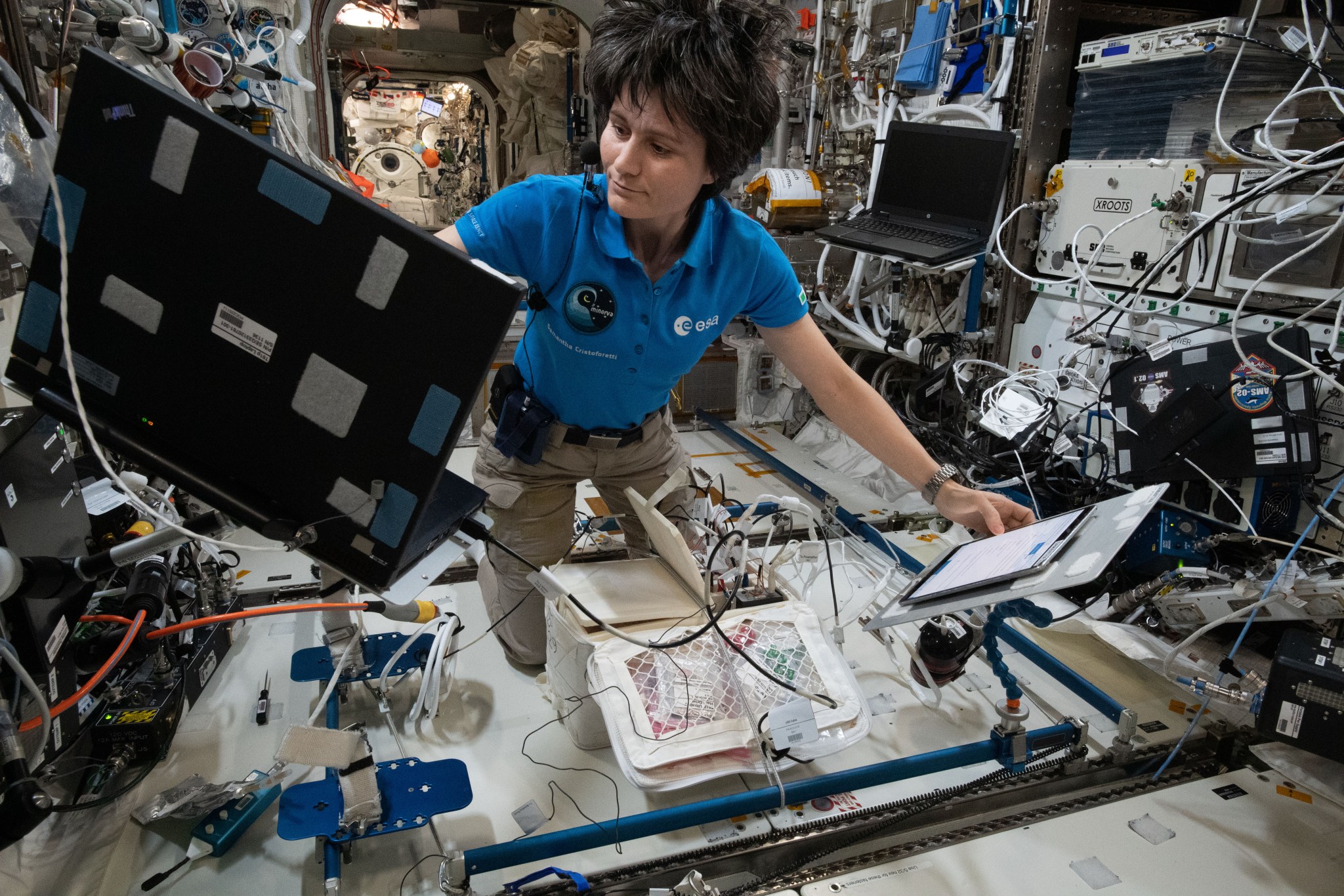 Expedition 67 Flight Engineer and ESA (European Space Agency) astronaut Samantha Cristoforetti wears a microphone on her right shoulder for the Acoustic Diagnostics study. The investigation explores whether equipment noise levels and the microgravity environment may create possible adverse effects on astronaut hearing. The acoustic data will help researchers understand the International Space Station’s sound environment and may inform countermeasures to protect crew hearing.