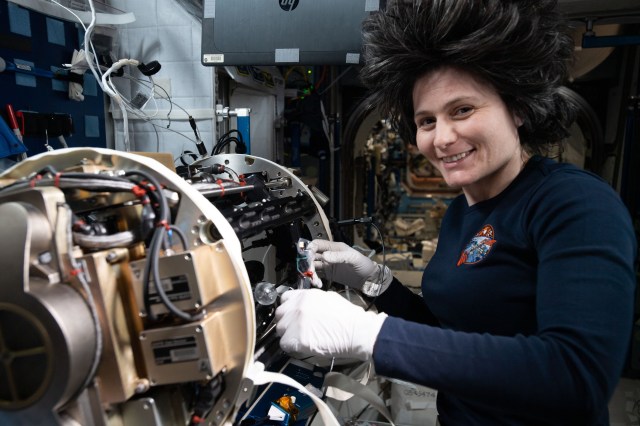 ESA (European Space Agency) astronaut and Expedition 67 Flight Engineer Samantha Cristoforetti works inside the International Space Station's Unity module reconfiguring components for the Solid Fuel Ignition and Extinction investigation that explores fire growth and fire safety techniques in space.