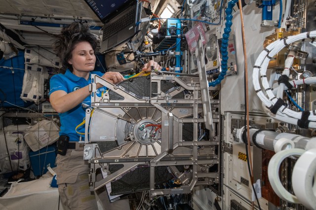 ESA (European Space Agency) astronaut and Expedition 67 Flight Engineer Samantha Cristoforetti replaces centrifuge components inside the Columbus laboratory module's BioLab, a research facility that studies the effects of space and radiation on single celled and multi-cellular organisms.