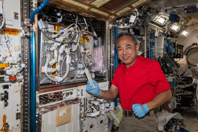 JAXA (Japan Aerospace Exploration Agency) astronaut and Expedition 69 Flight Engineer Satoshi Furukawa works on the Kibo laboratory module's water recovery system aboard the International Space Station.