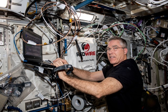 NASA astronaut and Expedition 69 Flight Engineer Stephen Bowen performs research activities using the Columbus laboratory module's BioFabrication Facility (BFF). The BFF is a research platform to print organ-like tissues and begin proving the viability of fabricating human organs in space.