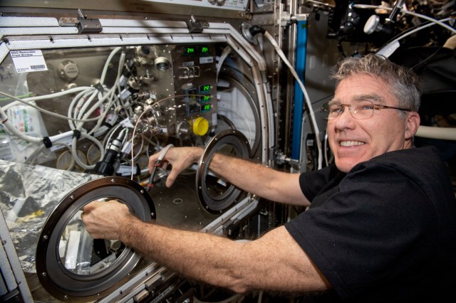 NASA astronaut and Expedition 69 Flight Engineer Stephen Bowen works in the Microgravity Science Glovebox swapping graphene aerogel samples for a space manufacturing study. The physics investigation seeks to produce a superior, uniform material structure benefitting power storage, environmental protection, and chemical sensing.