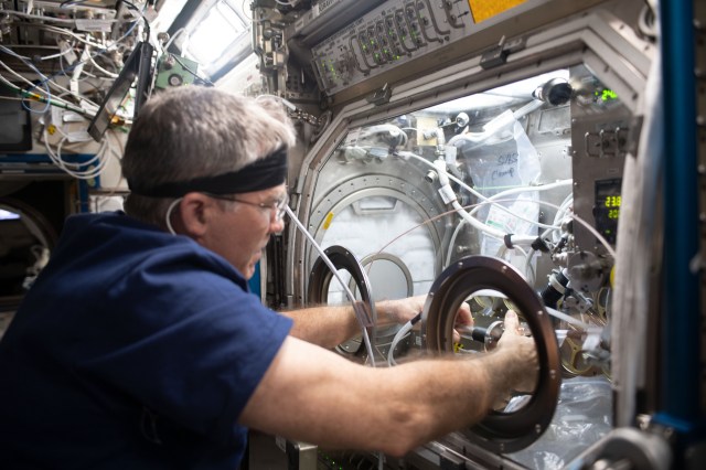 NASA astronaut and Expedition 69 Flight Engineer Stephen Bowen works on physics research inside the Destiny laboratory module's Microgravity Science Glovebox. The SUBSA-μgGA investigation seeks to create a superior graphene aerogel, a synthetic material with high porosity and low density, in microgravity benefitting both Earth and space industries such as power storage, environmental protection, and chemical sensing.