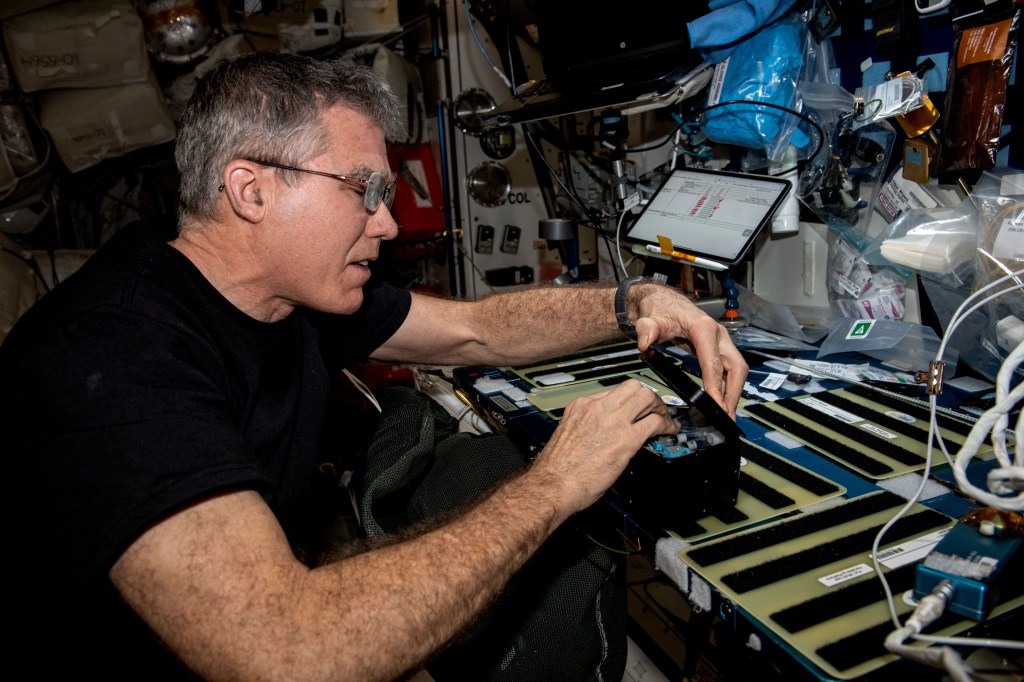 NASA astronaut and Expedition 69 Flight Engineer Stephen Bowen works on space biology research hardware located inside the International Space Station's Kibo laboratory module.