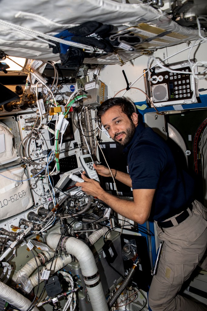 UAE (United Arab Emirates) astronaut and Expedition 69 Flight Engineer Sultan Alneyadi performs maintenance on the Space Automated Bioproduct Laboratory (SABL), a research incubator. The SABL supports a wide variety of biology and botany investigations, including physics and materials science experiments.