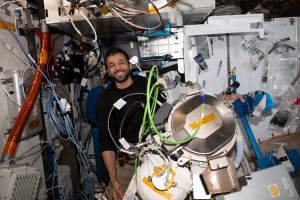 UAE (United Arab Emirates) astronaut and Expedition 69 Flight Engineer Sultan Alneyadi replaces orbital plumbing components in the International Space Station's bathroom, or Waste and Hygiene Compartment, located in the Tranquility module.