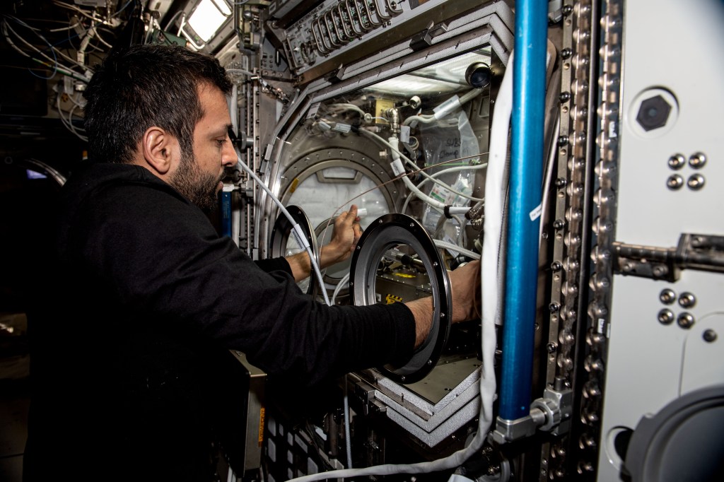 UAE (United Arab Emirates) astronaut and Expedition 69 Flight Engineer Sultan Alneyadi works on physics research inside the Destiny laboratory module's Microgravity Science Glovebox. The SUBSA-μgGA investigation seeks to create a superior graphene aerogel, a synthetic material with high porosity and low density, in microgravity benefitting both Earth and space industries such as power storage, environmental protection, and chemical sensing.