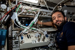 UAE (United Arab Emirates) astronaut and Expedition 69 Flight Engineer Sultan Alneyadi works on space biology research hardware located inside the International Space Station's Kibo laboratory module.