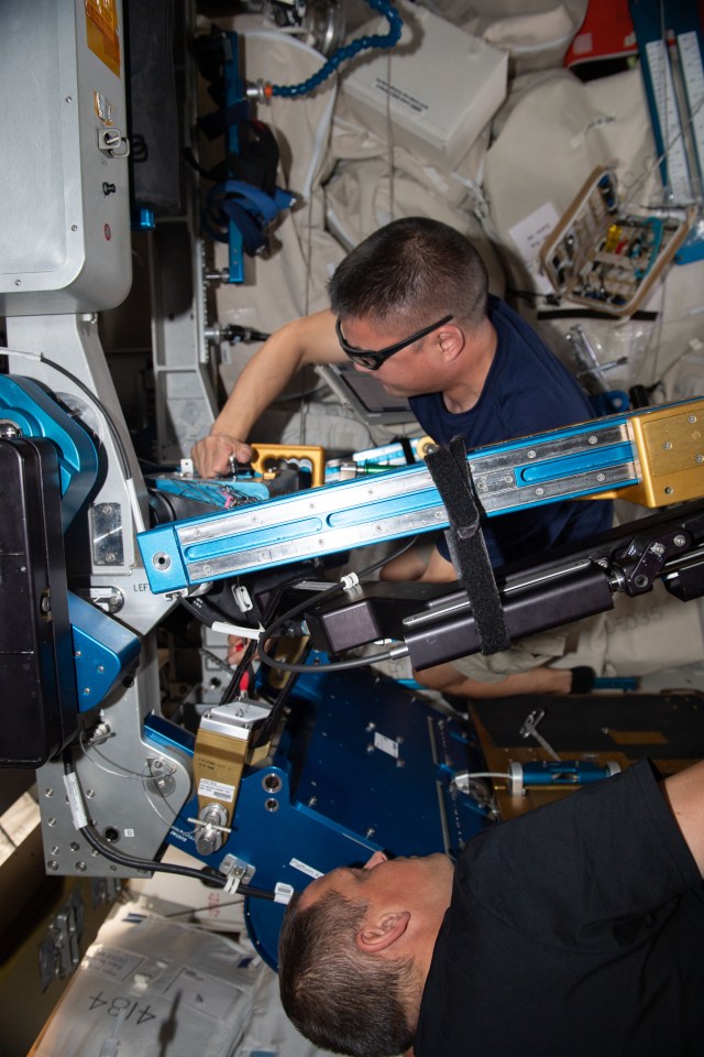 Expedition 67 Flight Engineers (from bottom) Bob Hines and Kjell Lindgren, both NASA astronauts, replace components on the advanced resistive exercise device (ARED) located inside the International Space Station's Tranquility module. The ARED mimics the inertial forces generated when lifting free weights on Earth allowing astronauts to maintain muscle strength and mass during long-term space missions.