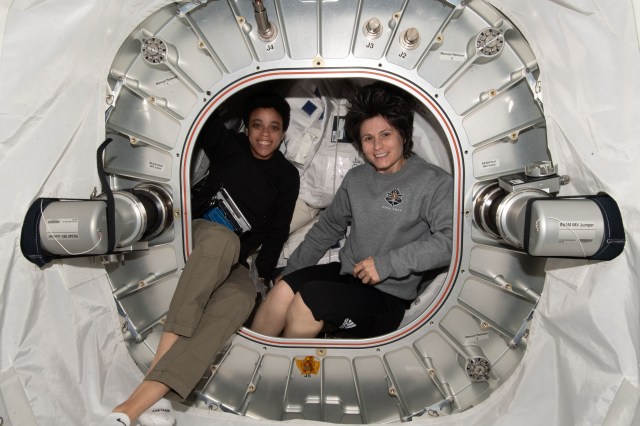 Expedition 67 Flight Engineers (from left) Jessica Watkins of NASA and Samantha Cristoforetti of ESA (European Space Agency) are pictured inside the Bigelow Expandable Activity Module (BEAM) during cargo stowage activities.