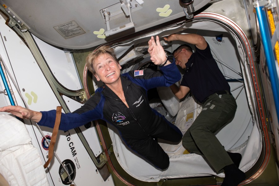Axiom Space private astronaut and Axiom Mission-2 Commander Peggy Whitson enters the International Space Station shortly after the hatches were opened between the orbital outpost and the SpaceX Dragon Freedom spacecraft. Welcoming her inside the vestibule between the station's Harmony module and Dragon is NASA astronaut and Expedition 69 Flight Engineer Frank Rubio.