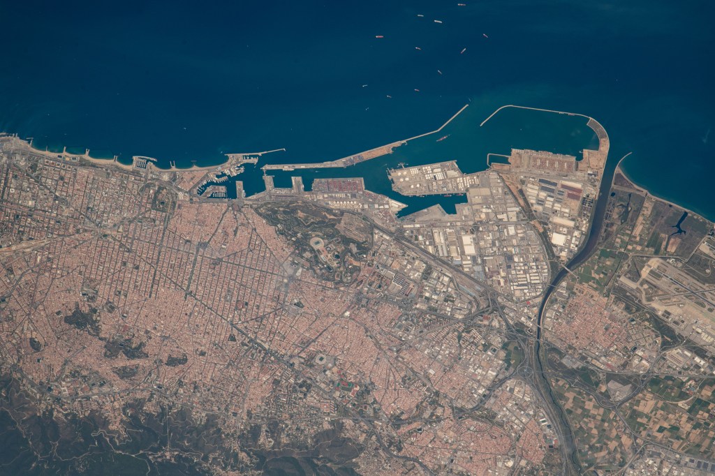 Barcelona, Spain, on the Balaeric Sea coast, is pictured from the International Space Station as it orbited 260 miles above the Mediterranean Sea.