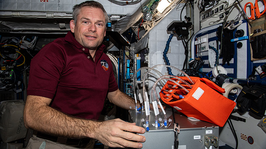 Astronaut Andreas Mogensen works on the Aquamembrane-3 investigation exploring the contaminant rejection and water transport capabilities of advanced life support equipment.