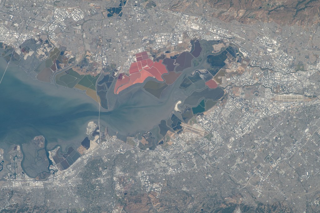The southern portion of San Francisco Bay in California is surrounded by the Silicon Valley region, famed for its high technology industries, which includes numerous suburbs such as Stanford, Palo Alto, San Jose, and Fremont. The International Space Station was orbiting 258 miles above the Pacific coast at the time of this photograph.