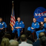 From left, Alneyadi, Hoburg, Bowen, and Rubio answer questions during the Marshall team member Q&A portion of their visit.
