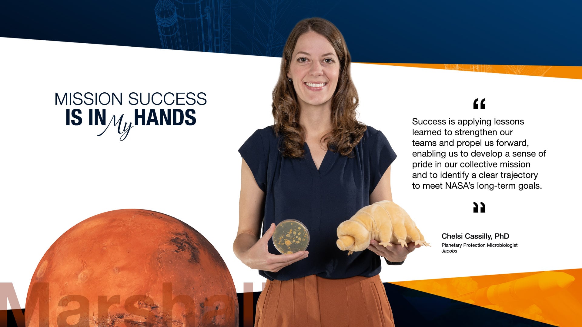 Chelsi Cassilly is a planetary protection microbiologist working at NASA’s Marshall Space Flight Center.