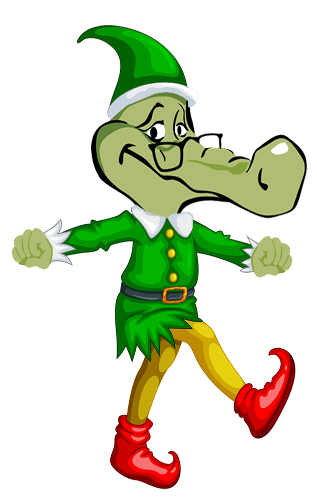 Gator in a Christmas elf costume
