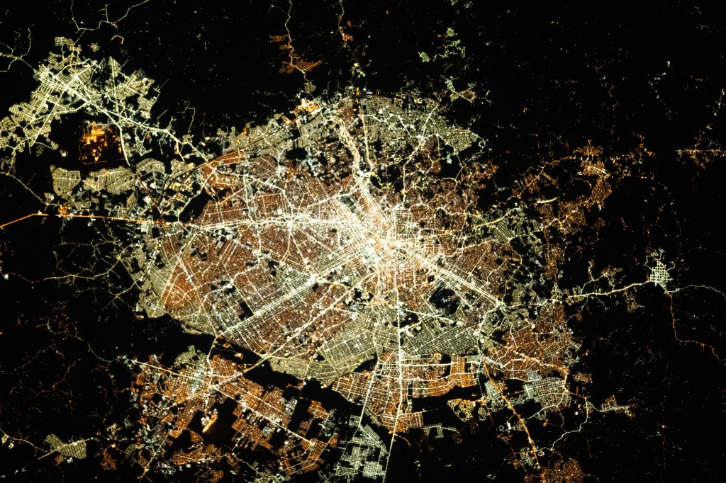 Curitiba, a city of nearly two million people in Brazil, is pictured during an orbital night pass from the International Space Station as it orbited 262 miles above.