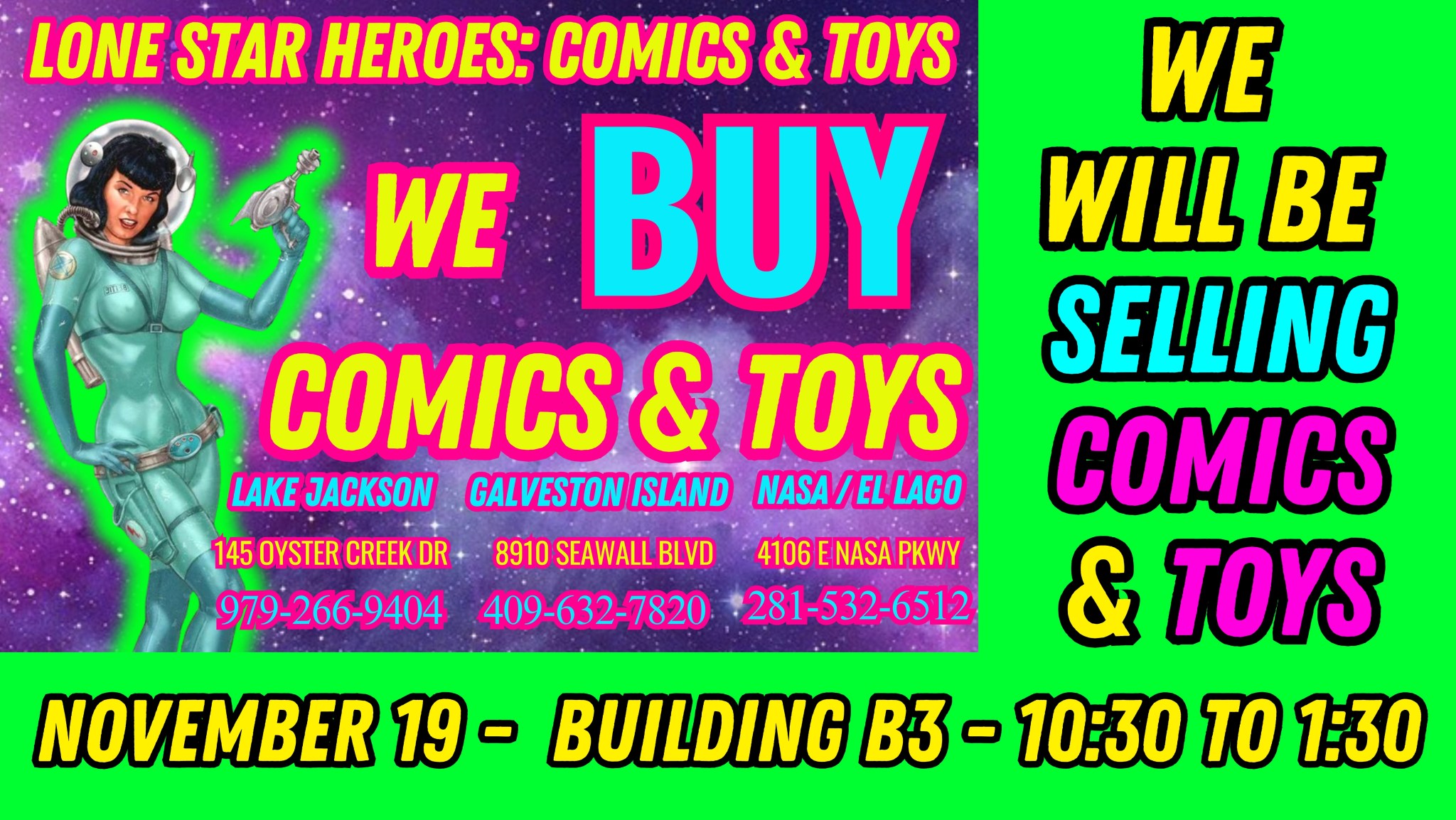 Flyer for Lone Star Heroes Comics and Toys, a pop up shop vendor at JSC.