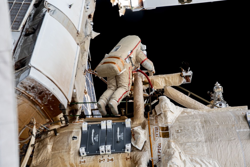 Roscosmos cosmonaut and Expedition 69 Flight Engineer Sergey Prokopyev is pictured in his Orlan spacesuit during a six-hour and 35-minute spacewalk to install orbital debris shields and relocate a portable workstation on the International Space Station.