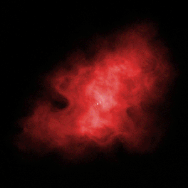 It is superimposed on a composite image made with data from the IXPE (purple), Chandra X-Ray Observatory (blue and white), Hubble Space Telescope (gold), and Spitzer Space Telescope (red).